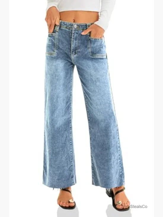 Size 10 High Waisted Cropped Jeans Stretchy Baggy Straight Leg Raw Hem Denim - Picture 4 of 7